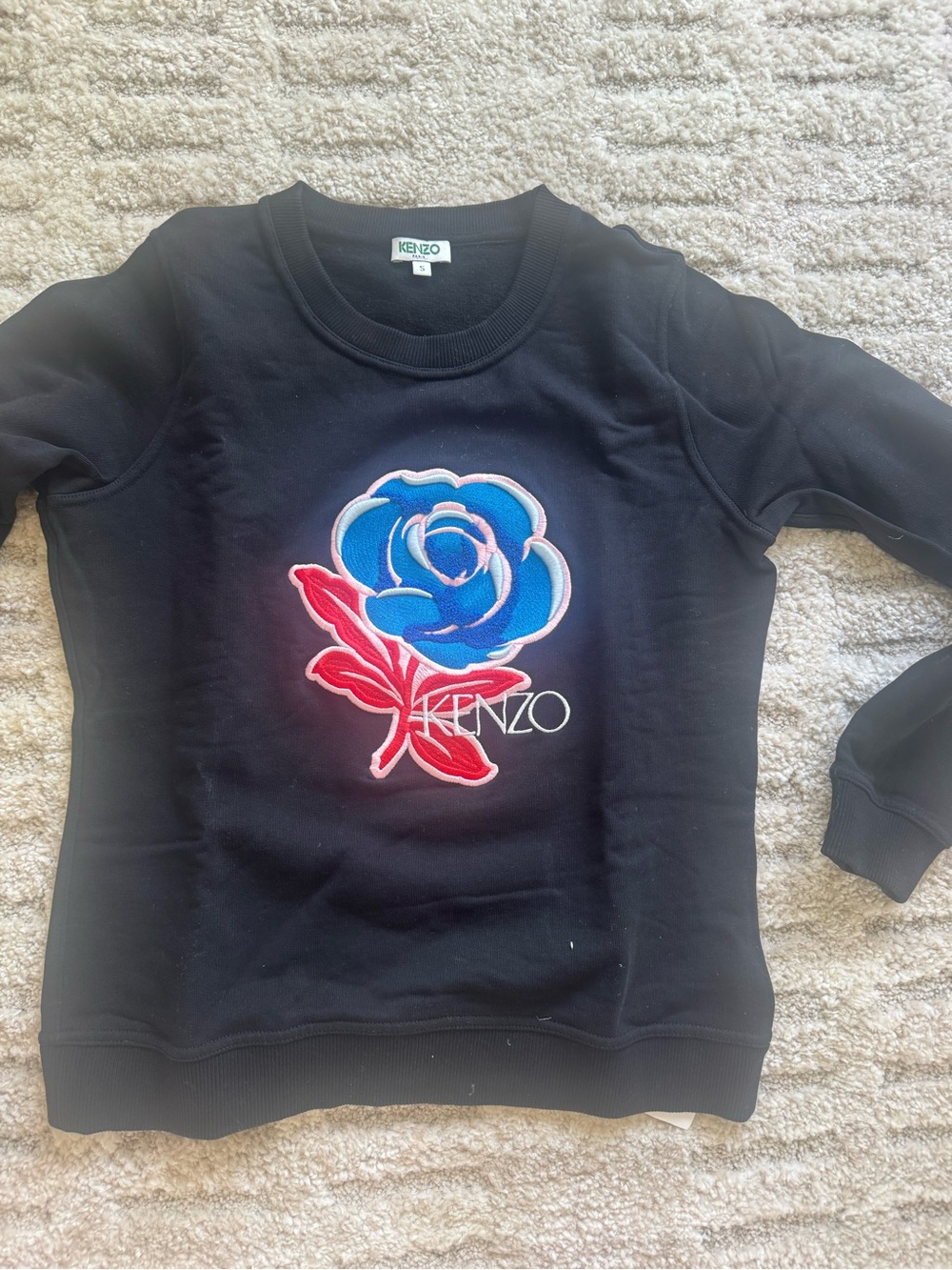 Kenzo Black Sweatshirt with Blue Rose & Red Stem sz small (fits like Xs)